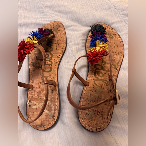 SAM EDELMAN Sz 10.5 GATES EMBELLISHED LEATHER FRINGE THONG SANDAL MULTICOLOR - Picture 7 of 8